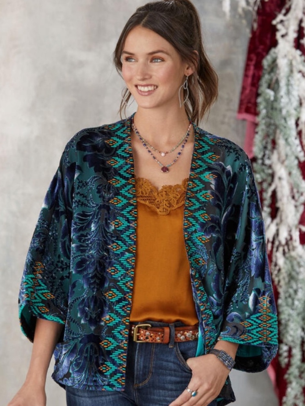 Sundance Lovina Teal & Navy Embroidered Velvet Floral Kimono